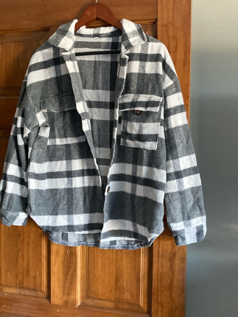 Gray and White Plaid Button-Up Shacket